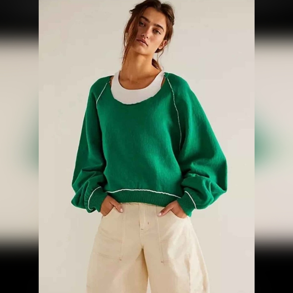 Free People Midnight Sweatshirt Pullover Heavyweight Reversible Green Grass xs
